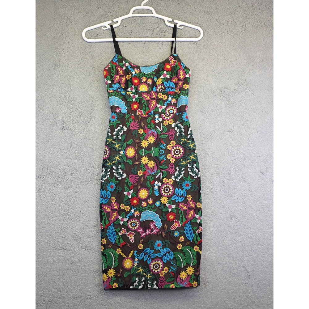 BCBGMAXAZRIA Floral Embroidered Bodycon Dress Cocktail Party Black Size 02‎